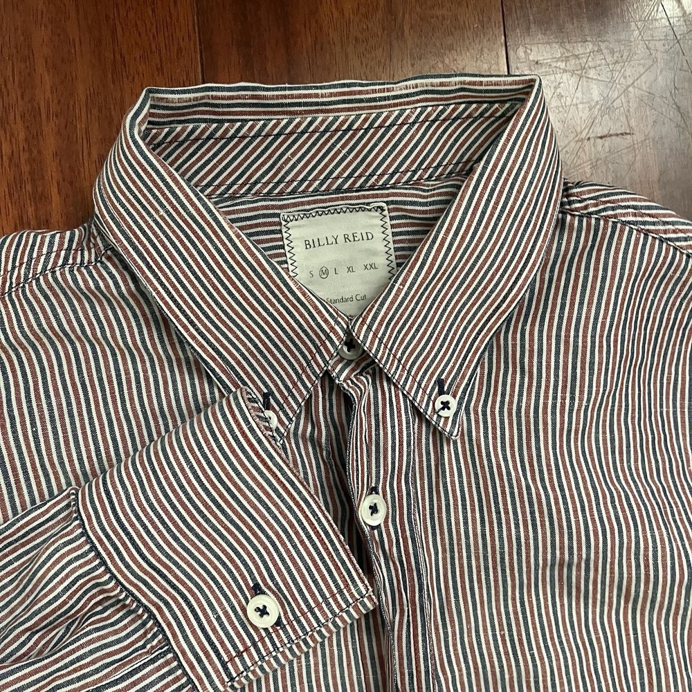 Billy Reid Shirt Men Medium Red White Blue Striped Button Down Linen‎ Preppy